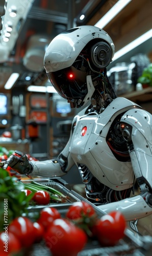 A robot in a grocery store picking up tomatoes and putting them on the shelf. Generative AI. © serg3d