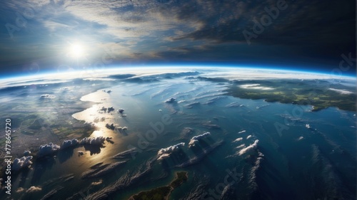 The earth from space with the sun shining. Generative AI.