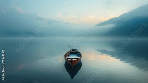 Amidst the calm waters of a pristine lake a simple wooden toy boat sails
