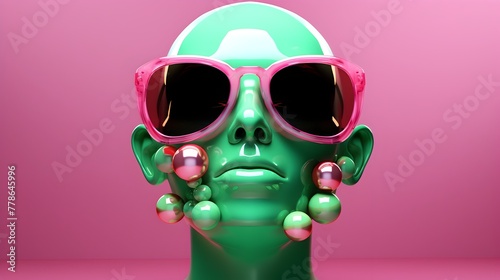 Futuristic Sunglasses Sculpture Against Vibrant Green and Pink Backdrop © yelosole