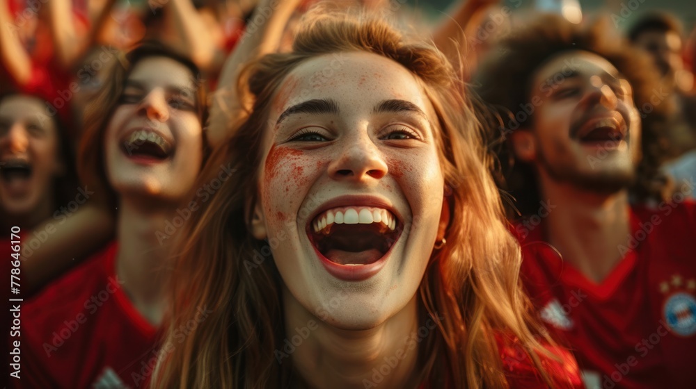 Red sports fans scream as they support their team from the stadium. Football supporters having fun at the event Champion and Victory Concept Red sports fans scream as they support their team from the stadium. Football supporters having fun at the event Champion and Victory Concept
