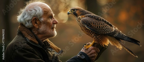 An older man holding a hawk in his hand. Generative AI.