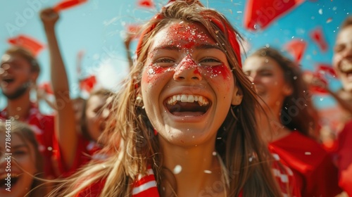 Red sports fans scream as they support their team from the stadium. Football supporters having fun at the event Champion and Victory Concept photo