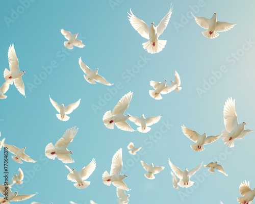 A flock of white birds flying in the sky with blue background. Generative AI.
