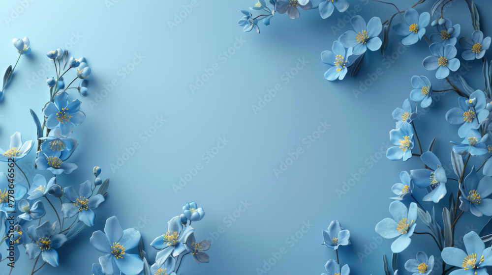 Beautiful blue flowers bordering the image, providing a distinctive banner with blank space in the center