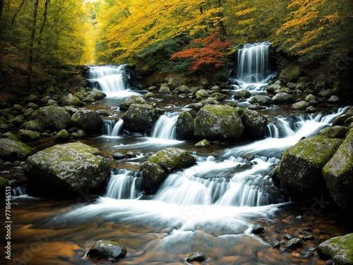 A small waterfall in the middle of a forest.