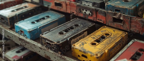 A bunch of old cassette tapes are stacked on a shelf. Generative AI.