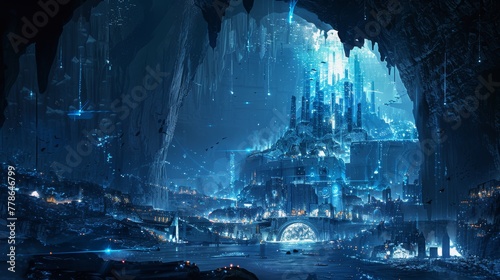 Frozen Crystal City in a Cave Underwater World