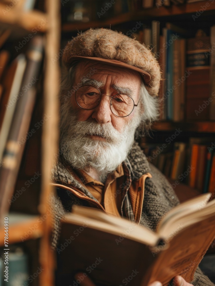 A man with a beard and glasses reading in the library. Generative AI. A man with a beard and glasses reading in the library. Generative AI.