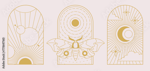 Set of Modern magic witchcraft cards with sun, moon and butterfly. Line art occult vector illustration