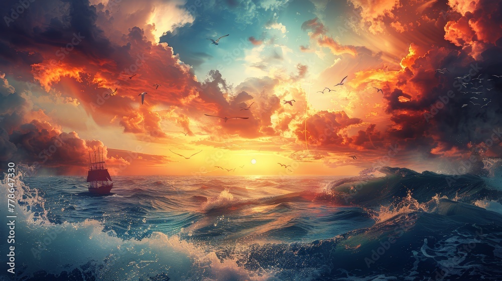 Majestic Ocean Sunset with Sailing Ships and Birds Majestic Ocean Sunset with Sailing Ships and Birds