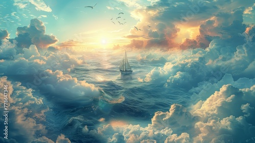 Sailboat Journey Through Cloud-Filled Ocean Sunset