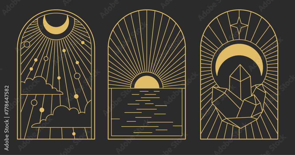 Naklejka premium Set of Modern magic witchcraft cards with sun and moon. Line art occult vector illustration