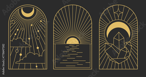 Set of Modern magic witchcraft cards with sun and moon. Line art occult vector illustration