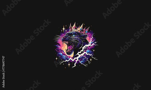 head panther wearing crown on galaxy lightning vector artwork design