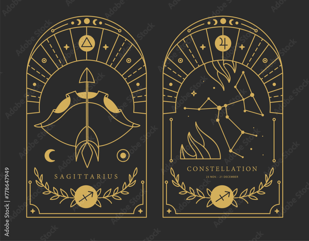 Naklejka premium Set of Modern magic witchcraft cards with astrology Sagittarius zodiac sign characteristic. Vector illustration
