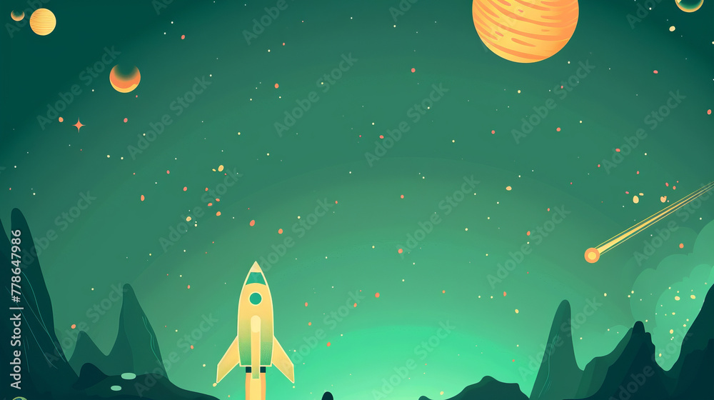 Naklejka premium This playful image features a cartoon rocket launch into a star-filled sky, making a great banner with blank space for imagination