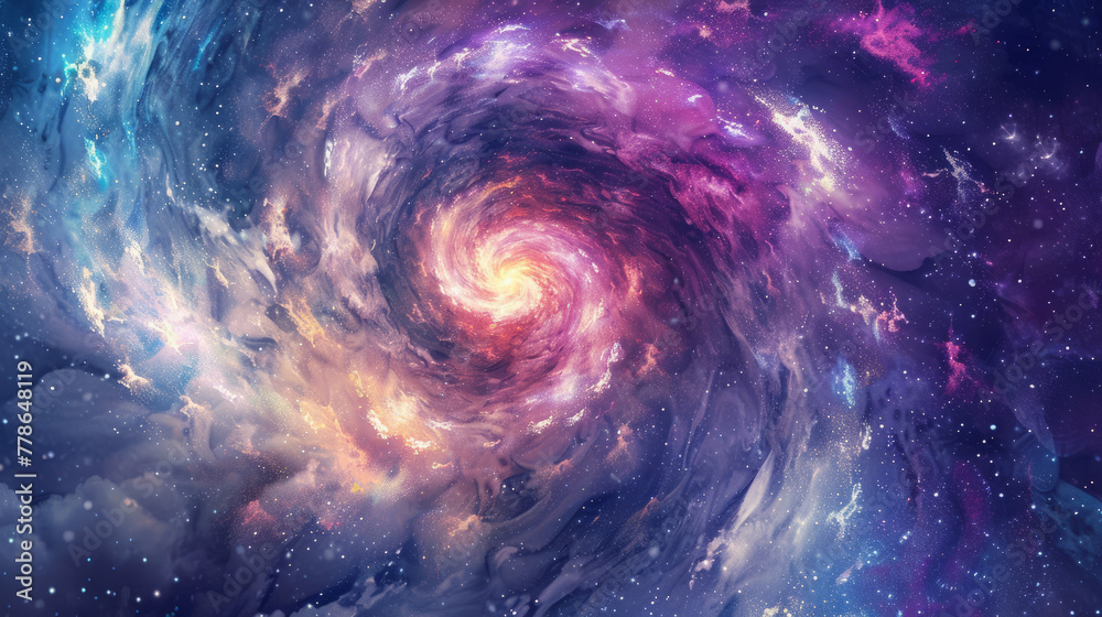 A stunning depiction of a galaxy cluster with a swirling vortex of colors and bright lights, perfect for a banner with blank space application - obrazy, fototapety, plakaty 