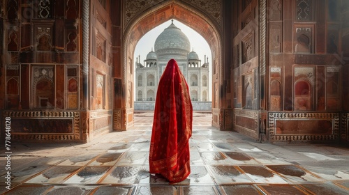 Woman in red saree/sari in the Taj Mahal, Agra, Uttar Pradesh, India photo