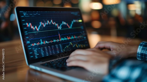 Professional Trader Analyzing Stock Market Data on Laptop in Dark Office © Qstock