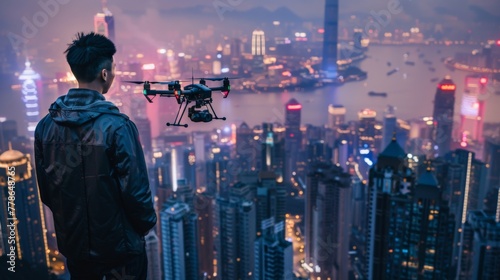 Chinese professional capturing city life through a high-tech drone  with the smart city s interactive digital landscape sprawling below.