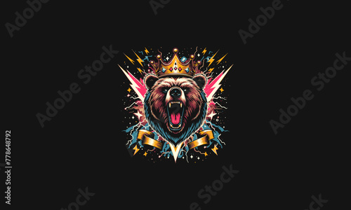 bear roar wearing crown with lightning vector artwork design