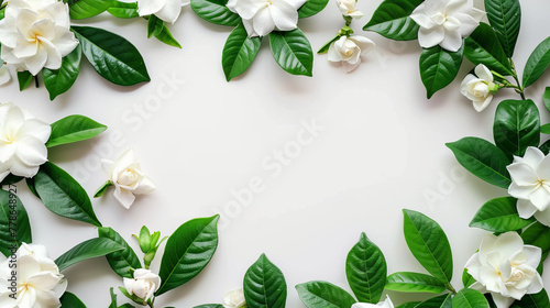 An enchanting display of gardenia blooms forming a heart shape, surrounding a banner with blank space for heartfelt messages photo