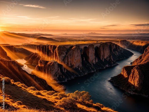 A beautiful sunrise over a river with steep cliffs on either side. photo