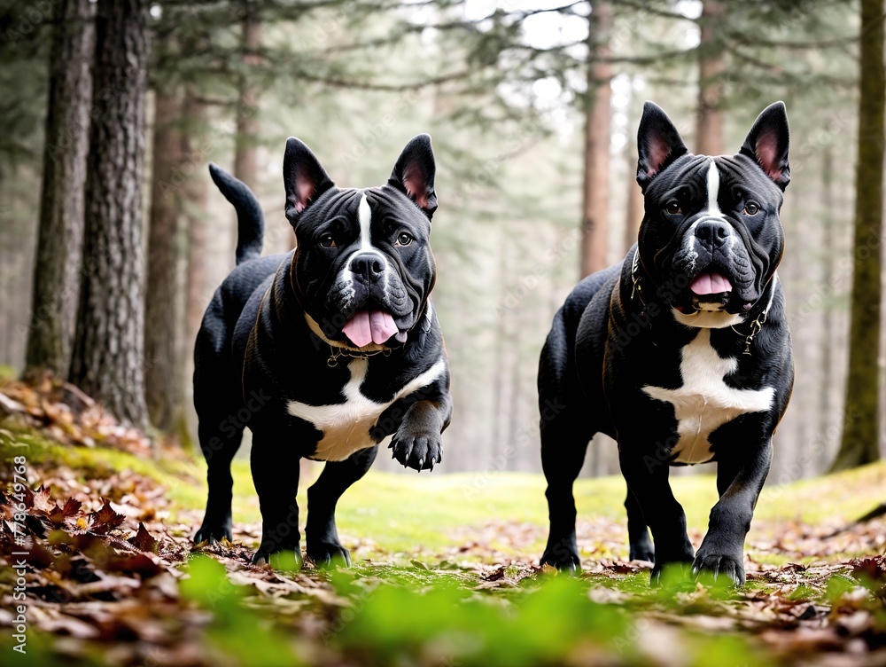 Two black and white dogs walking through a forest.
