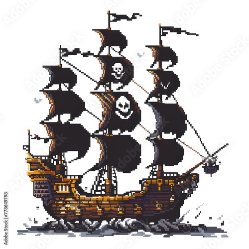 8-bit video game-inspired pixel art of a pirate ship with skull and crossbones flags Details include cannons, rigging, and a dark hull photo