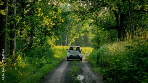 Cruising in an electric car along a country path framed by trees in full, lush foliage.