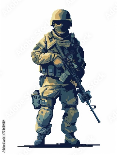 This pixel art showcases a soldier clad in full combat gear, featuring detailed pixelated design that highlights the skillset of digital artistry