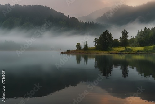 Misty morning scene of Lacu Rosu lake. Foggy summer sunrise in Harghita County, Romania, Europe. Beauty of nature concept background Generative AI