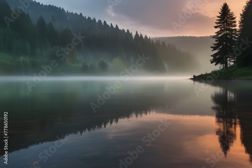 Misty morning scene of Lacu Rosu lake. Foggy summer sunrise in Harghita County, Romania, Europe. Beauty of nature concept background Generative AI
