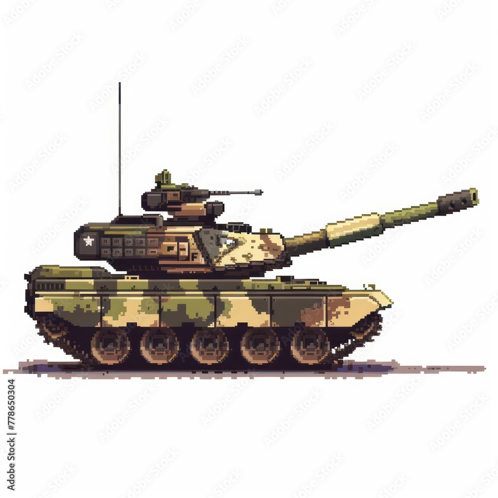 Vintage style pixeled illustration of a military tank, highlighting the ...