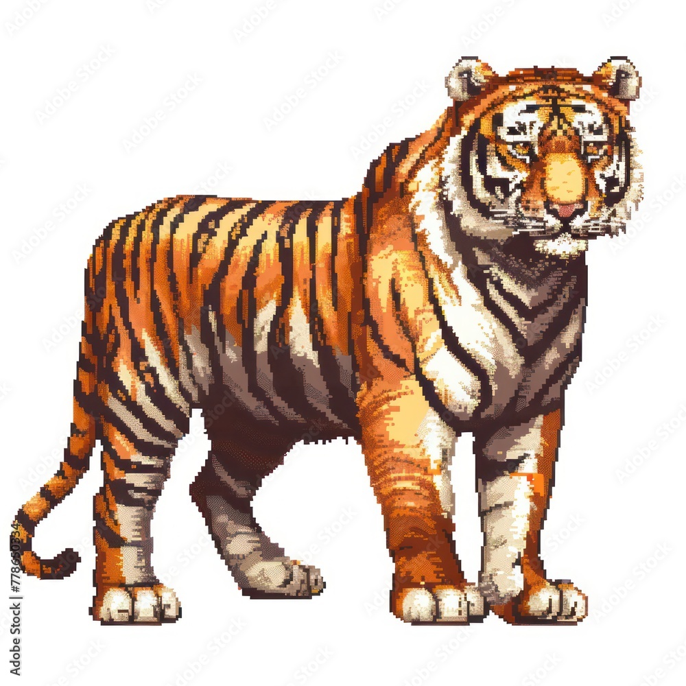 Obraz premium A pixel art illustration of a majestic orange and black striped tiger standing with a calm demeanor