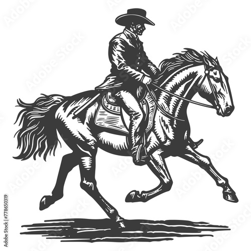 Horse rider woodcut style drawing vector illustration