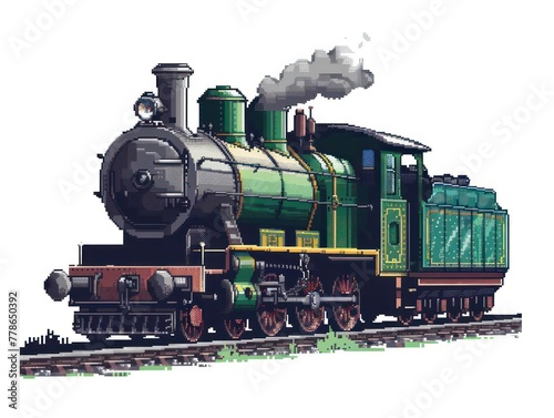 This image features a detailed pixel art representation of an old-fashioned green steam locomotive with smoke billowing from its stack photo