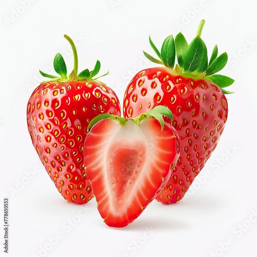 Three whole strawberries and one sliced in half, set against a white backdrop in a close-up shot