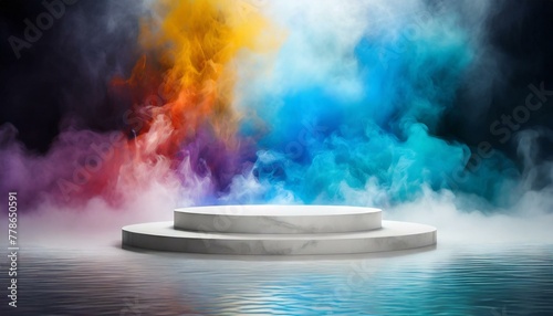 Aquatic Dreams: White Stage and Water Background Enveloped in Colored Smoke