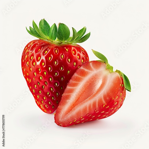 Isolated on a white backdrop are halves and whole berries of red, juicy strawberries, perfect for food or health-related concepts