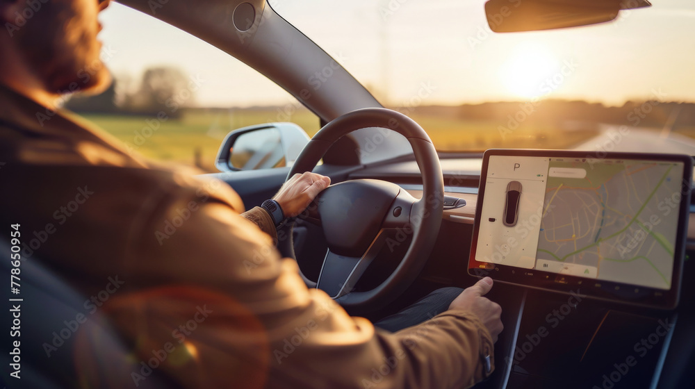 Naklejka premium Eco-conscious individual enjoying a peaceful ride in an EV, with panoramic views of open fields.