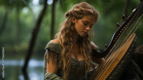 a harp played by a joung woman in a lake in the woods photo