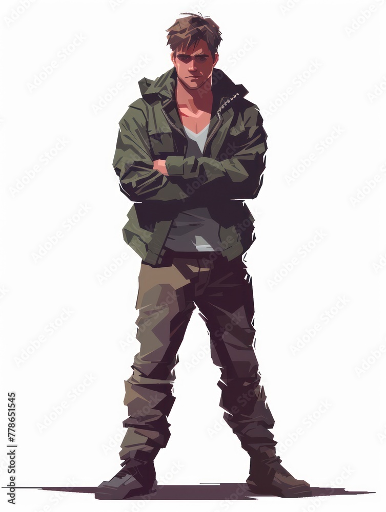 Digital illustration of a stylish male character exuding confidence with a casual yet determined stance in modern clothing
