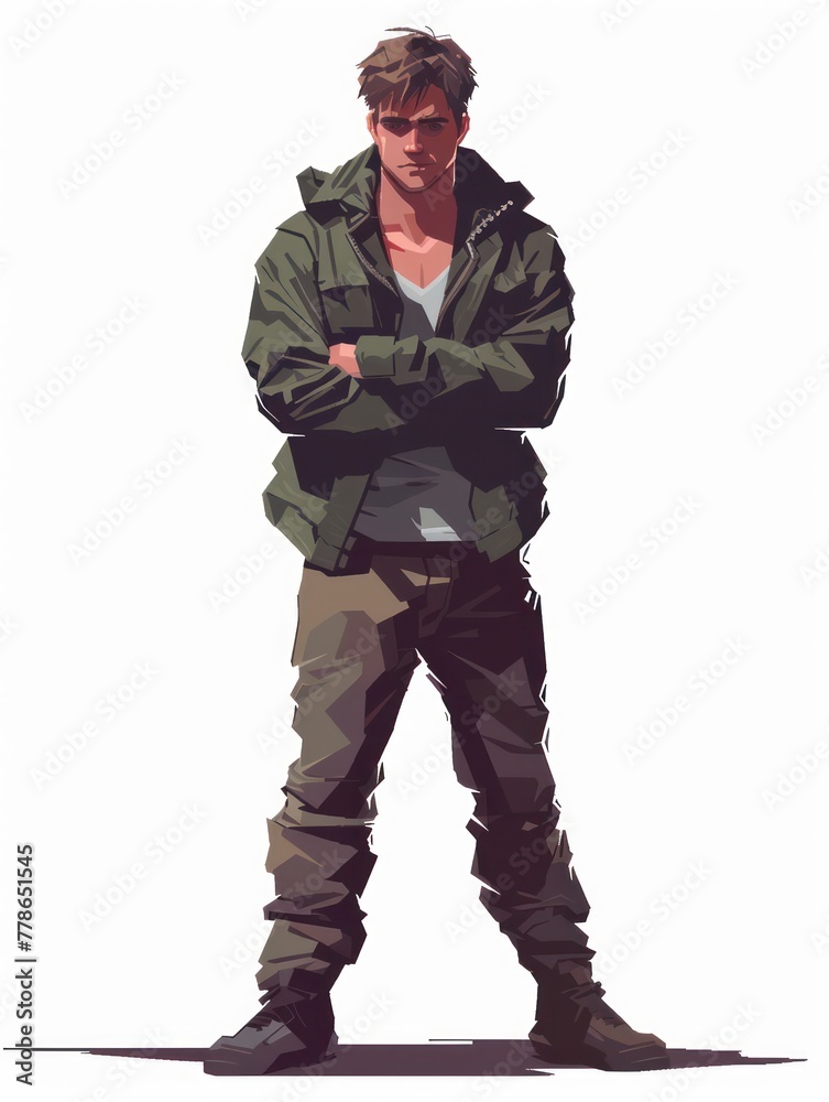 Digital illustration of a stylish male character exuding confidence with a casual yet determined stance in modern clothing Digital illustration of a stylish male character exuding confidence with a casual yet determined stance in modern clothing