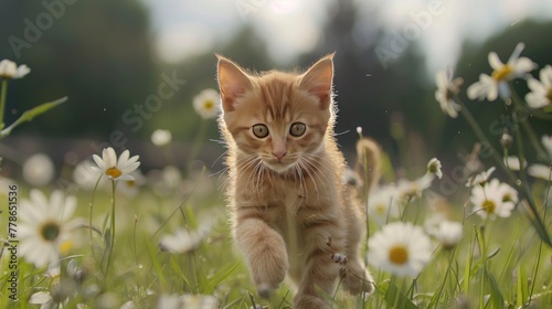 A cute orange kitten runs towards a field of daisies