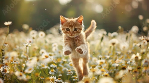 A cute orange kitten runs towards a field of daisies