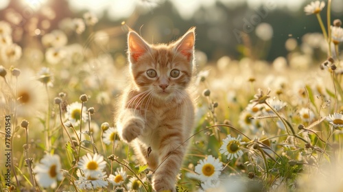 A cute orange kitten runs towards a field of daisies