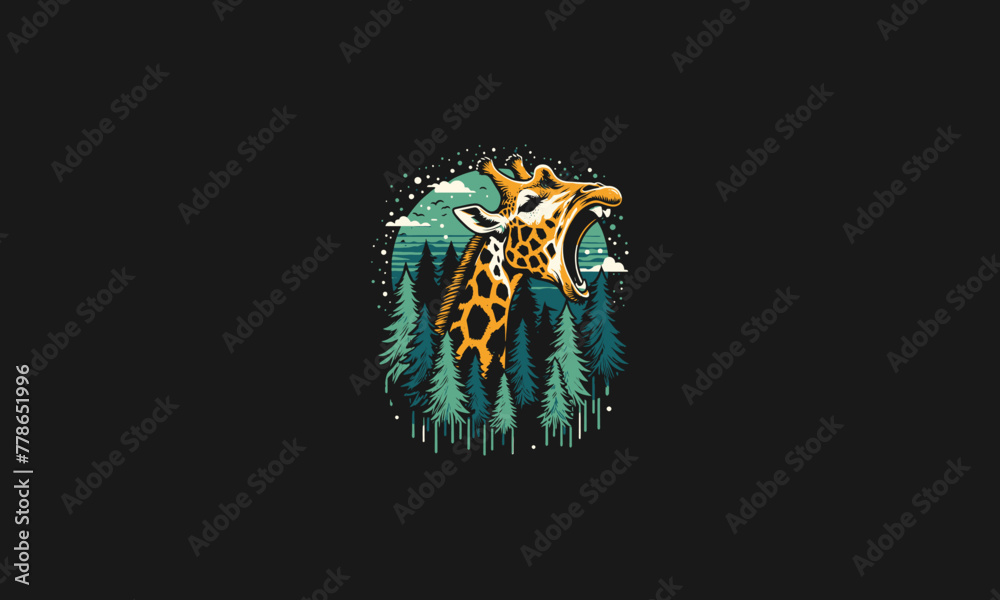 head giraffe roar on forest vector artwork design