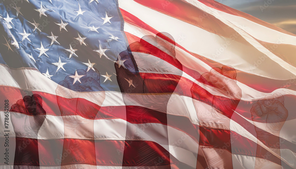 Waving American Flag and Symbols of America Collage - obrazy, fototapety, plakaty 